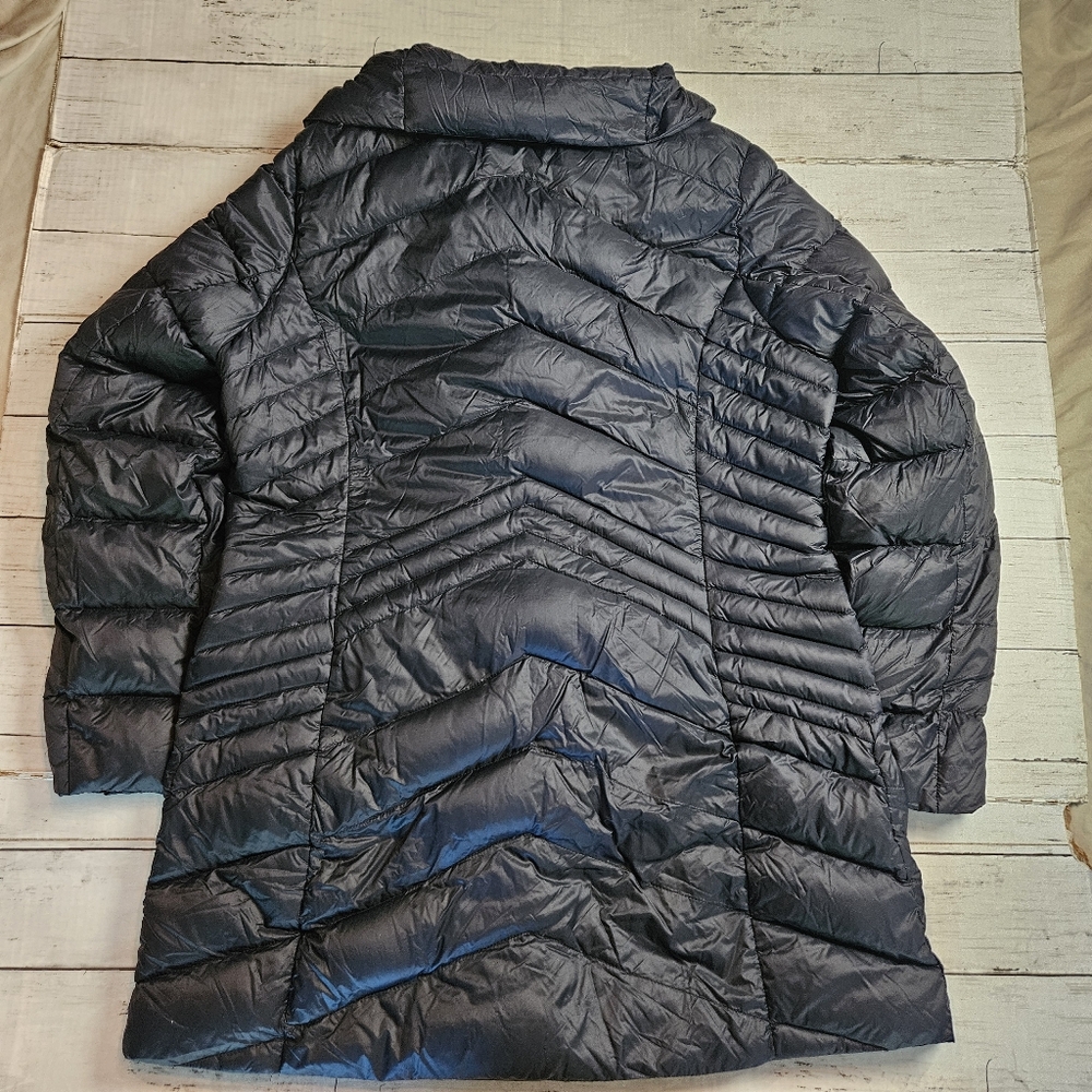 Sam Edleman Asymmetrical Chevron Quilted Down Coat Women's L Navy & Faux Leather - Picture 9 of 15